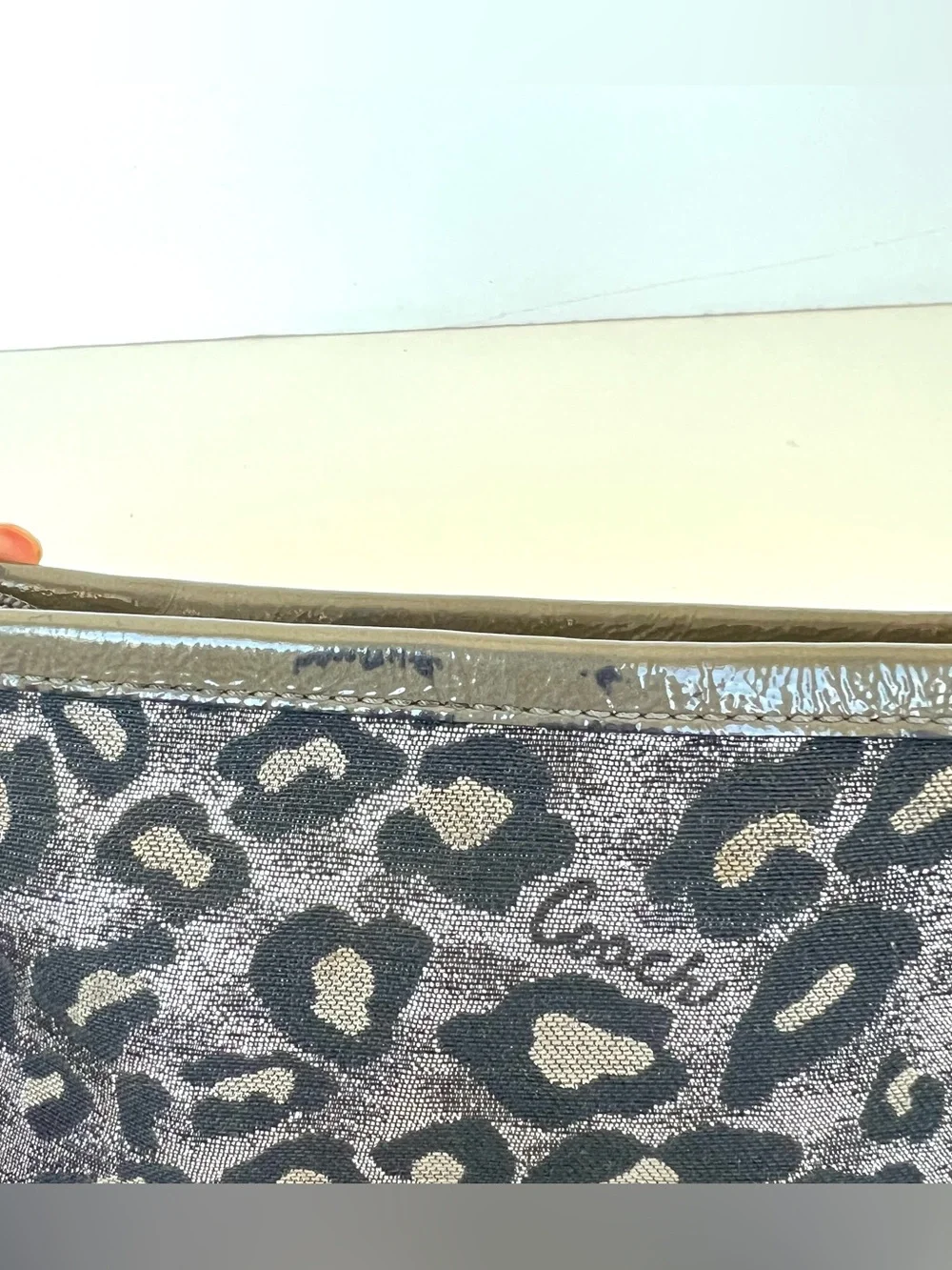 COACH Taupe Patent Leather Black Silver Leopard Print Zipper Clutch Wristlet
